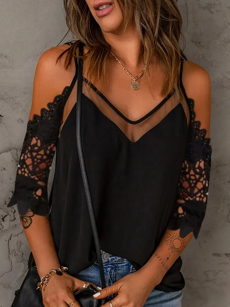 Contrast Lace Cold Shoulder T shirt Short Sleeve Sexy Summer - Temu
