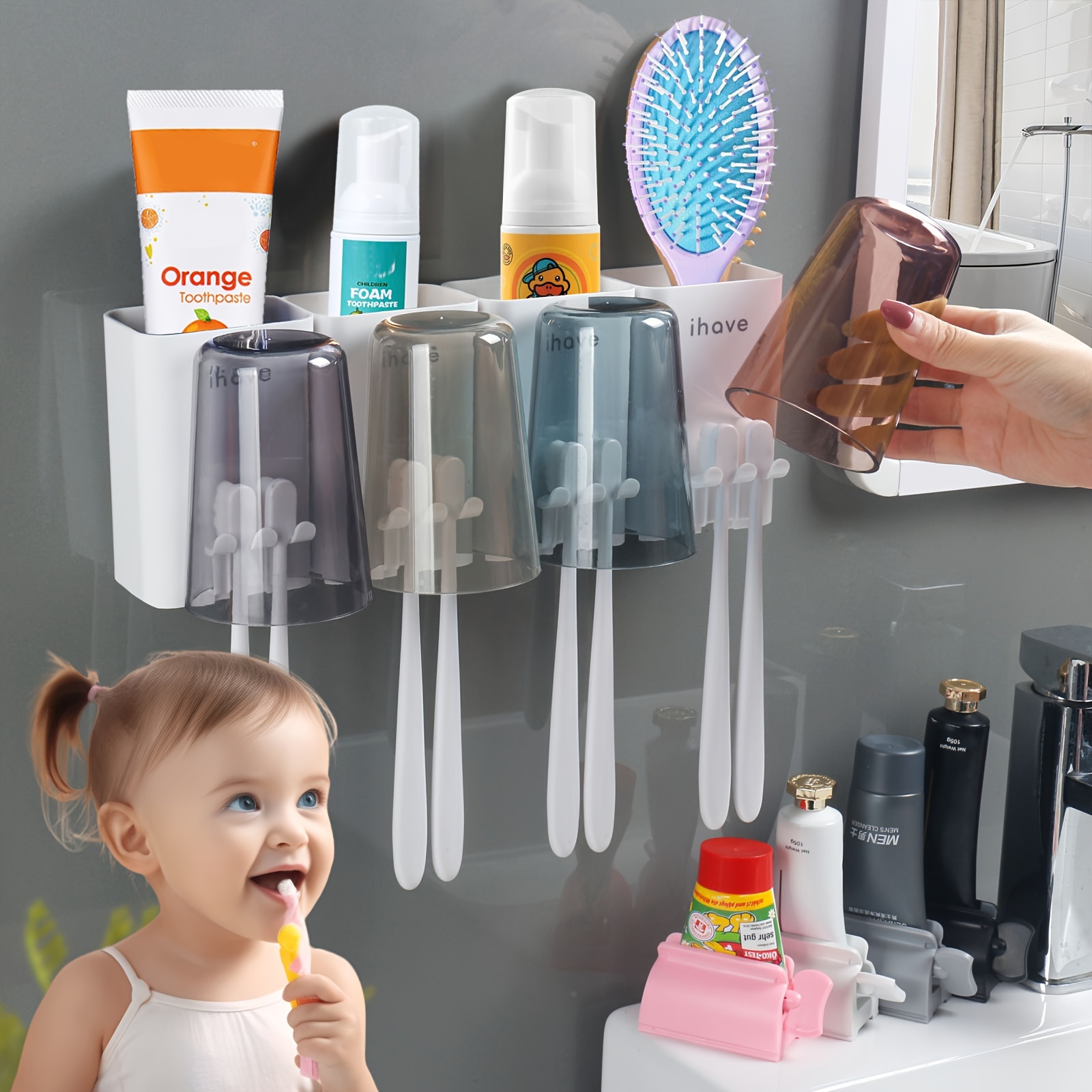 iHave Soporte para cepillos de dientes para baños y exprimidor de pasta de  dientes, 1 taza soporte para cepillo de dientes montado en la pared