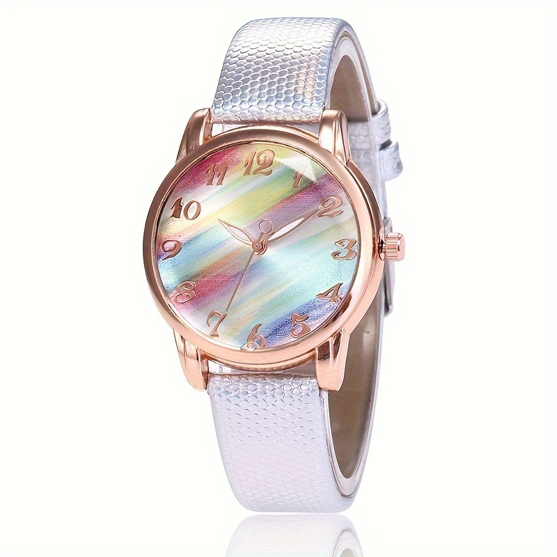 womens watch graphic color block quartz watch elegant fashion analog pu leather wrist watch silvery 7