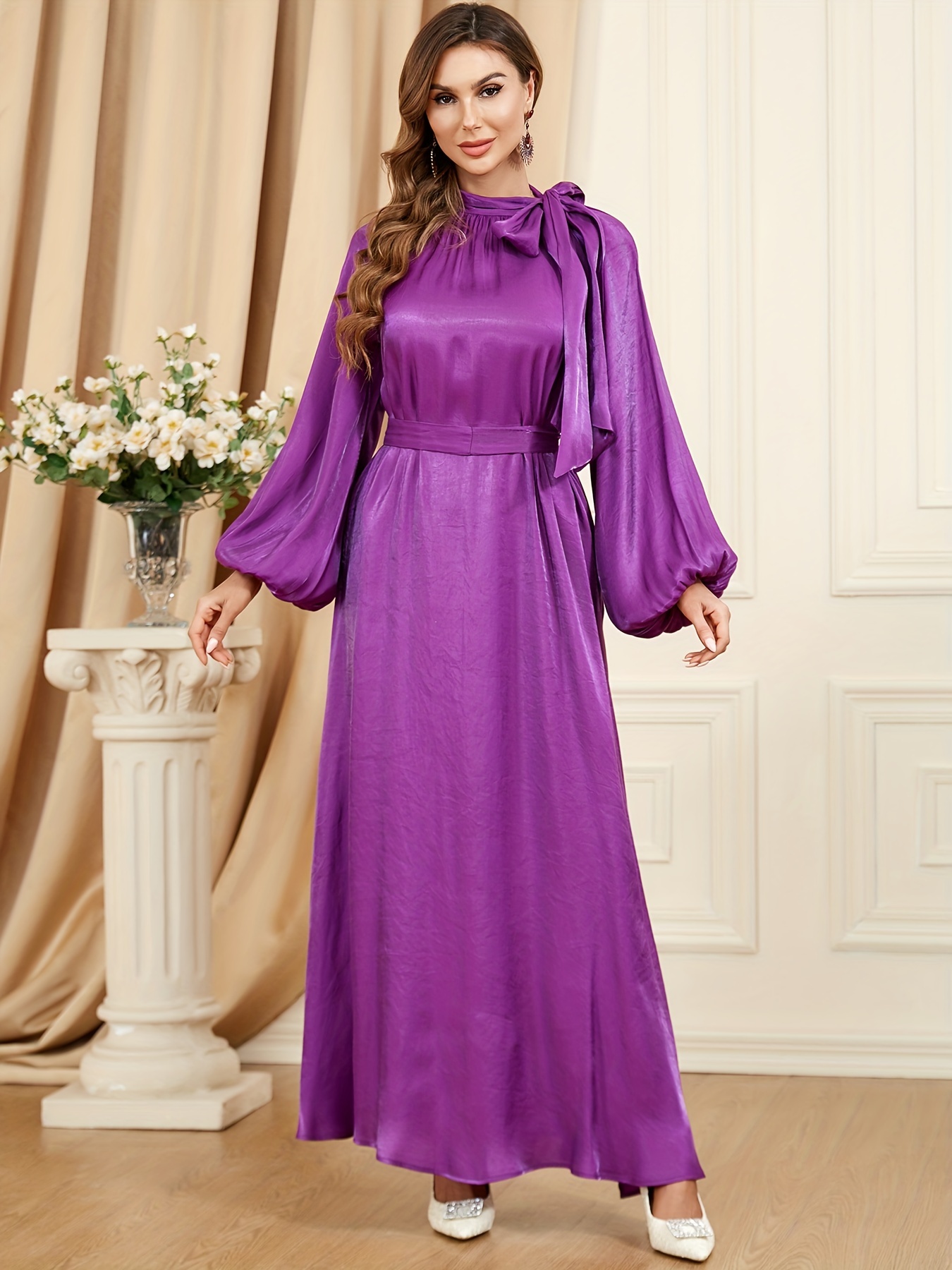 Tie Waist Lantern Sleeve Dress Elegant Tie Neck Maxi Length Temu