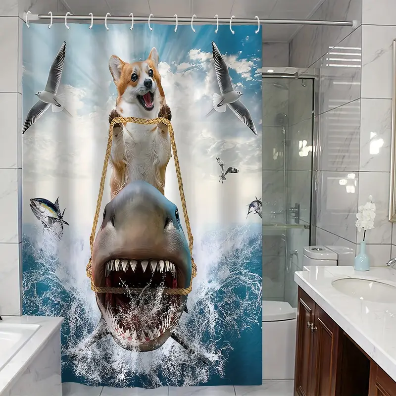Shark Corgi Shower Curtain Cartoon Printed Waterproof Temu