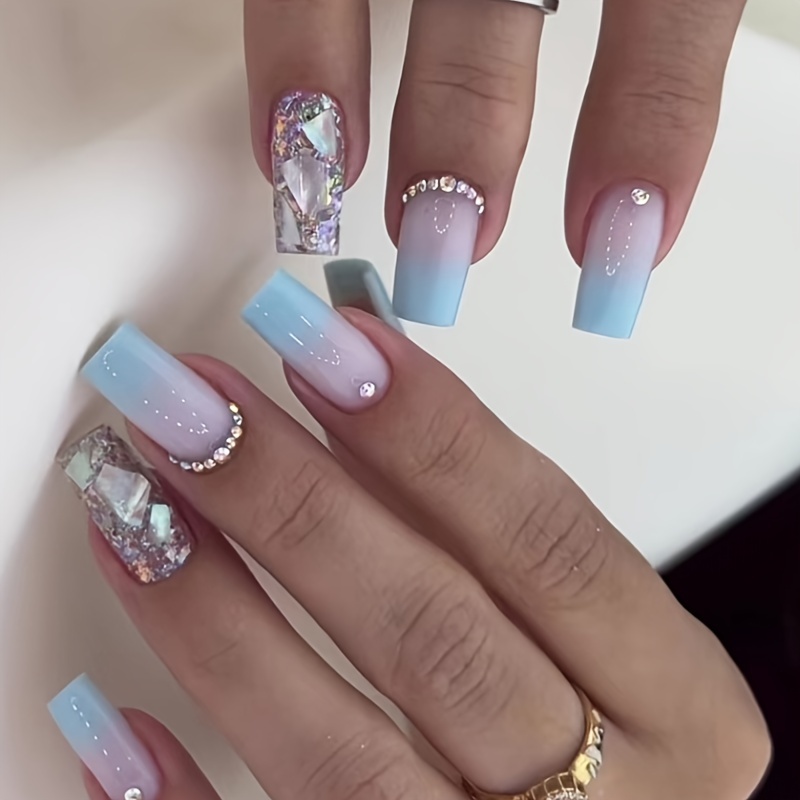 Glossy Gradient Press On Nails With Rhinestones Full - Temu