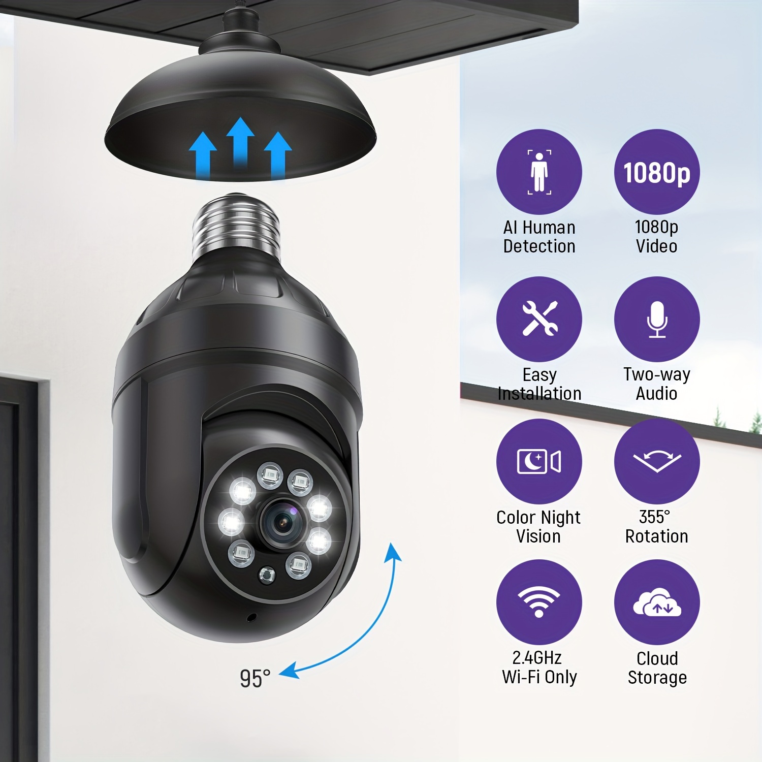 Cámara de bombilla E27, sistema de seguridad de 1080P con WiFi de 2.4GHz,  vigilancia doméstica de 360 grados, visión nocturna, audio bidireccional y