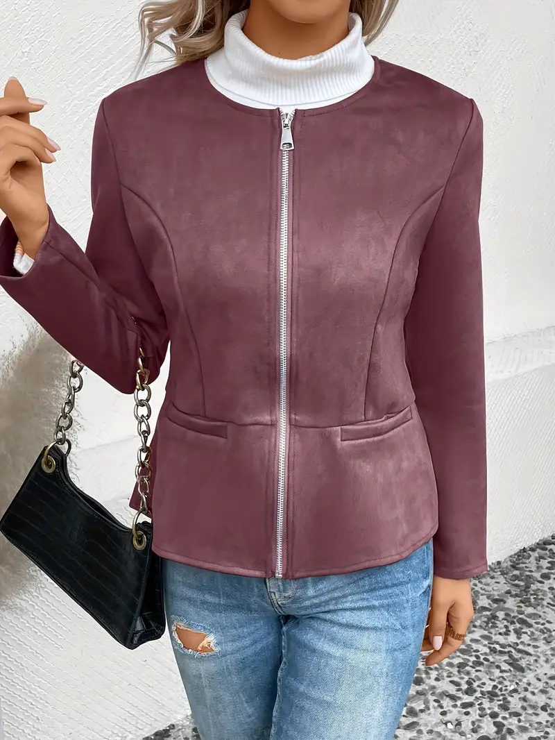 plus size elegant jacket womens plus solid long sleeve zip up round neck jacket details 2