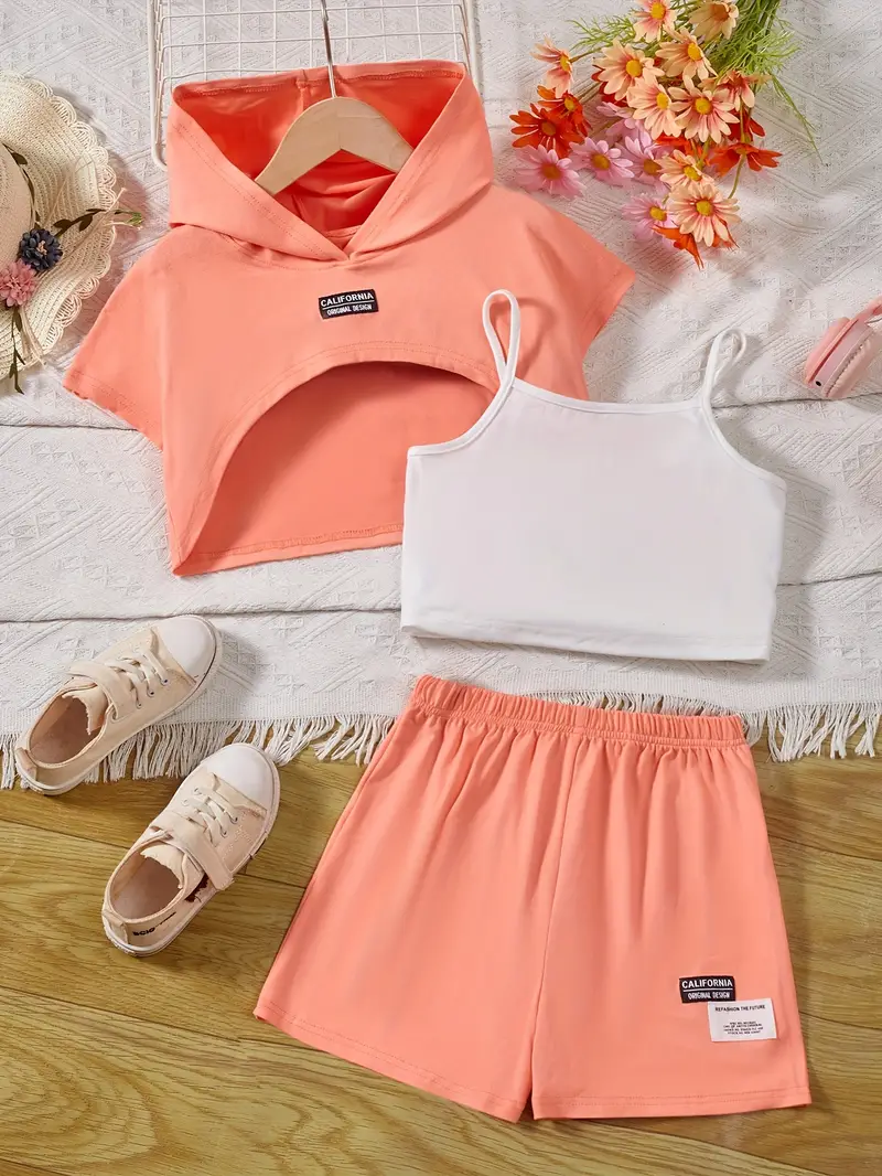 girls stylish 3pcs hooded t shirt camisole shorts set california patched short sleeve top casual outfits kids clothes for summer details 0