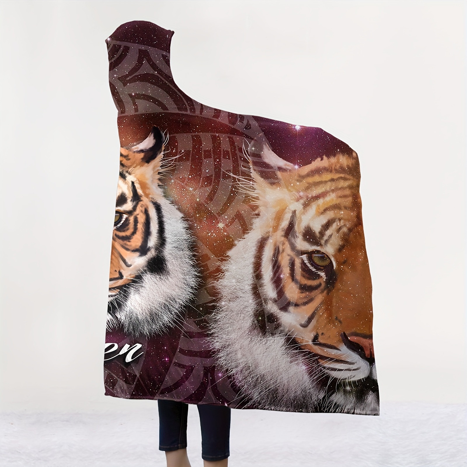 Tiger Print Hooded Blanket Thick Nap Wearable Blanket Magic - Temu