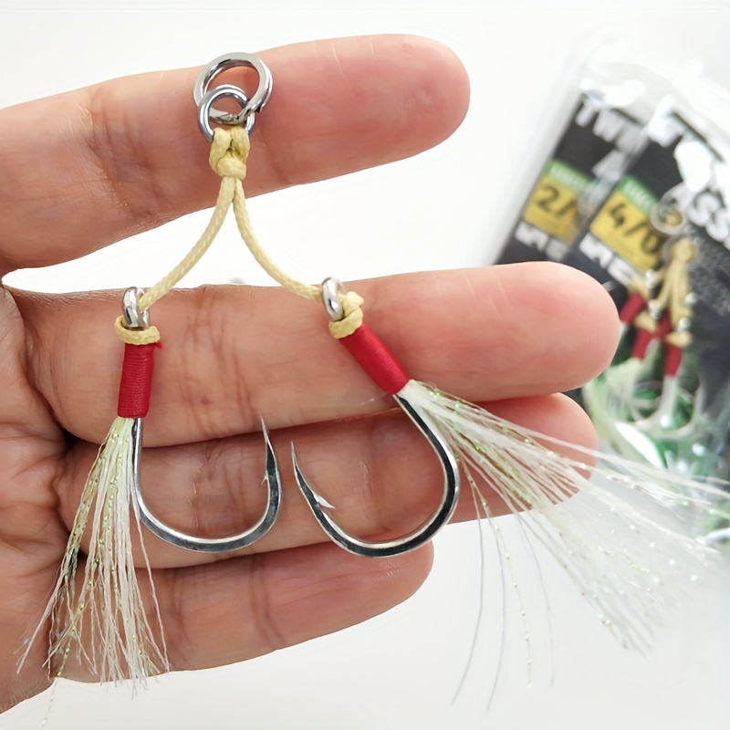 5pcs Double Hook Fishing Assist Hooks Kit for Lead Vertical Jigging Luresl  Jigging Lures Red PE Line Size(1/0 2/0 3/0 4/0)