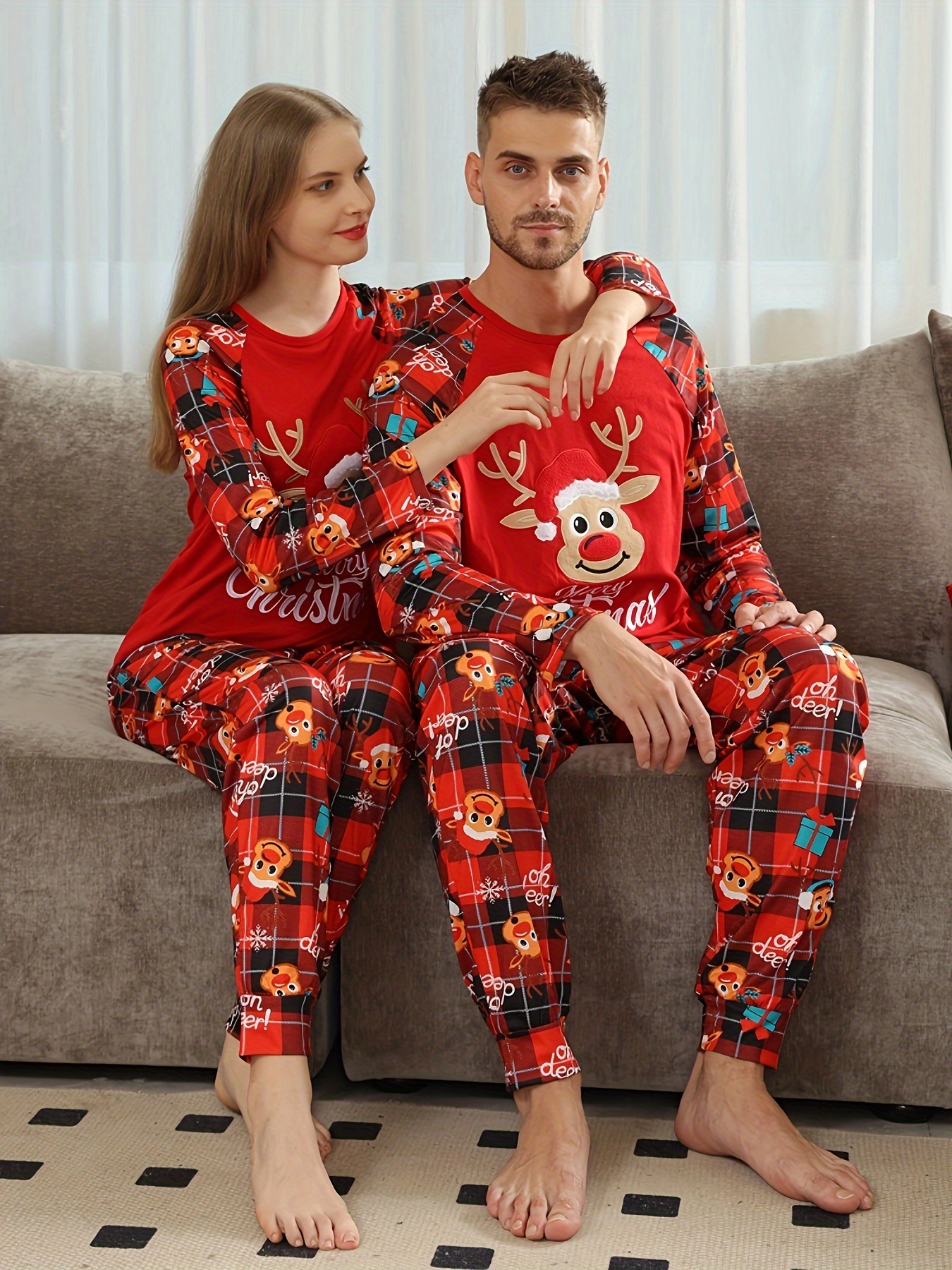 Christmas Elk Print Pajama Set Long Sleeve Crew Neck Top - Temu Canada