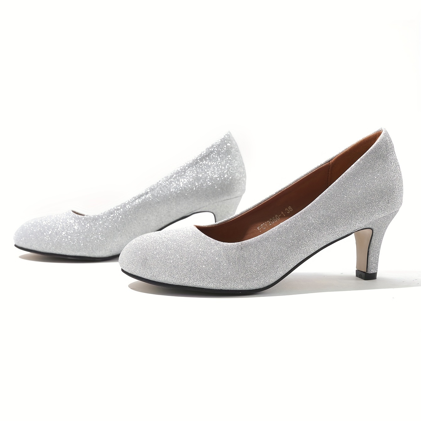 Women's Silver Glitter Low Heel Pumps Shoes