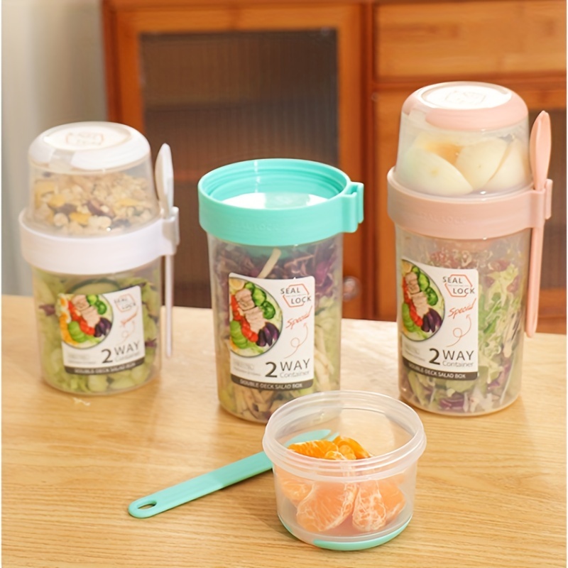 1pc Pink Food Storage Cup With Spoon, Plastic Salad Cup For Outdoor