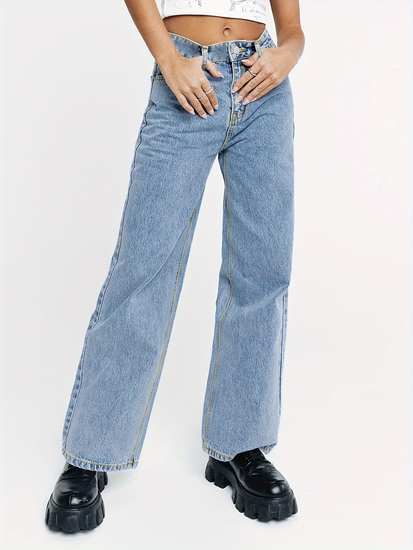 Blue High Waist Straight Jeans Loose Fit Non stretch Split - Temu
