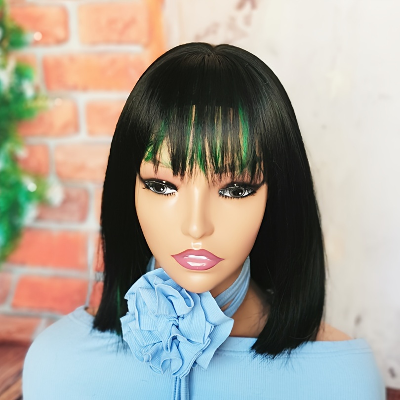 Short Straight Bob Wig Flat Bangs Silky Synthetic Fiber Wigs