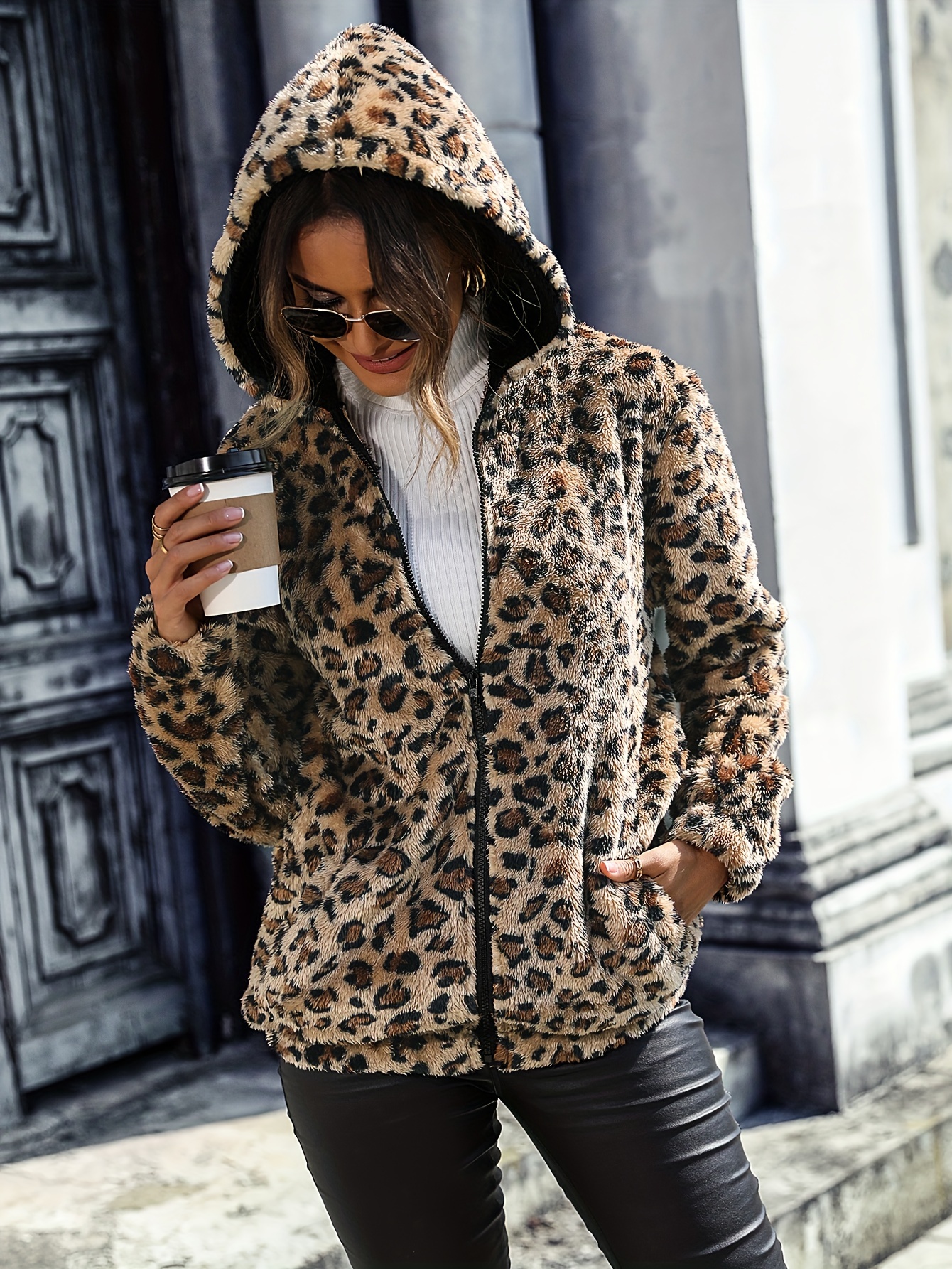 Zip Front Hoodie Plush Coat Long Sleeve Outwear Fall Winter - Temu