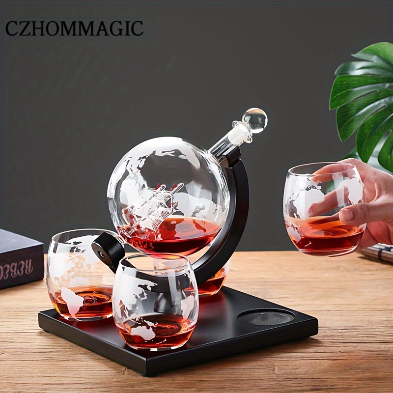1 Set, Wine Decanter, Whiskey Decanter Globe Set With 4 Etched Globe Whisky  Wine Glasses&Wood Base, 850ml/30oz Glass Wine Decanter, Luxury Hand Blown