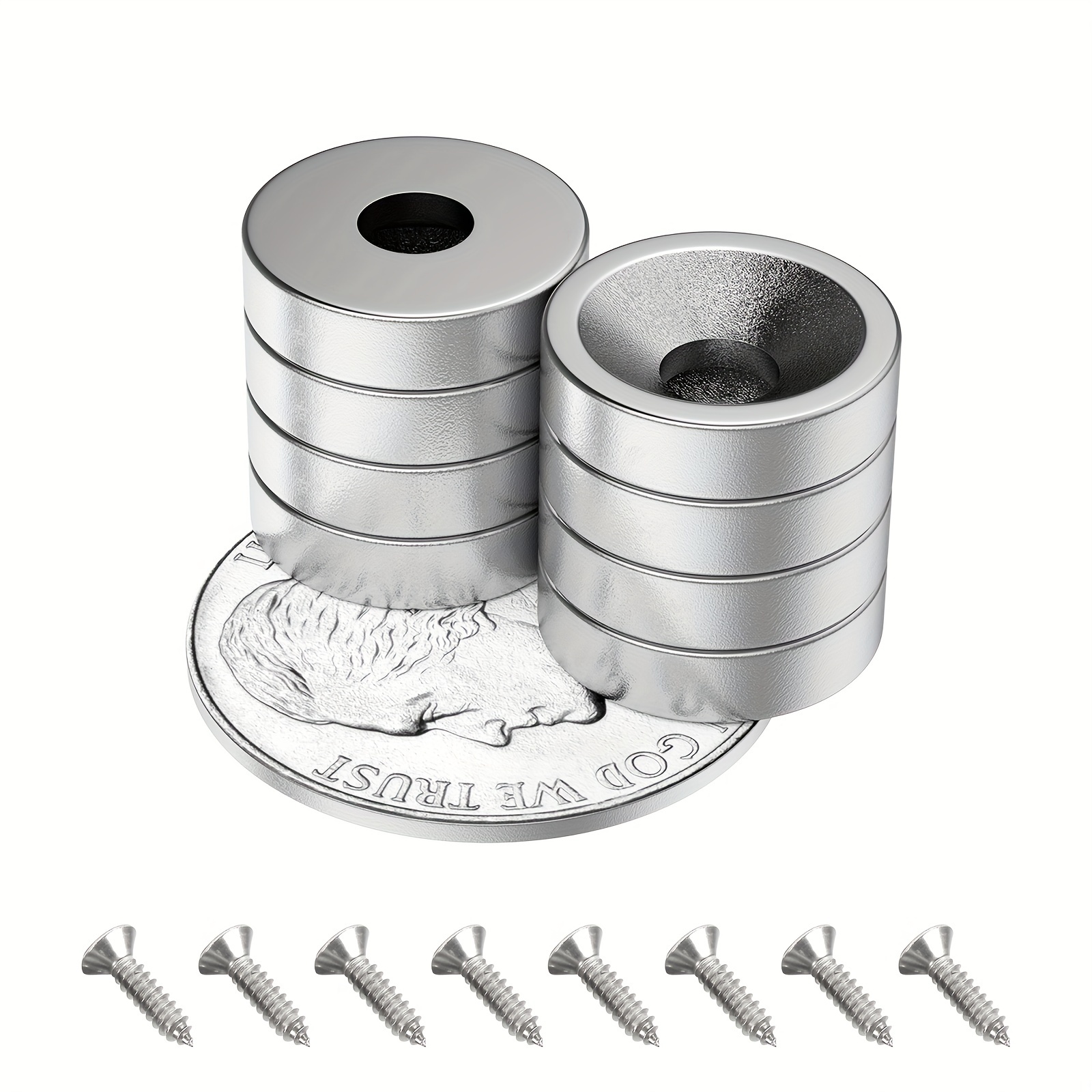 8pcs Silvery Powerful Rare Earth Magnet, 0.47x0.12 Inch NdFeB Magnet With  Hole, With Screw, Suitable For Workshop, Warehouse, Outdoor