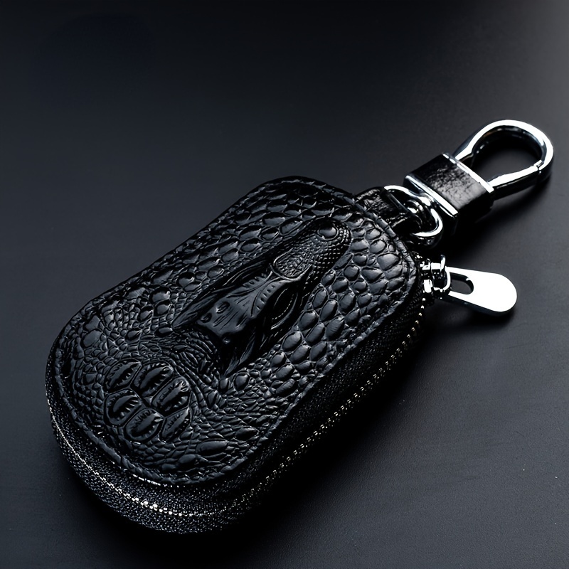 1pc Of Authentic Cowhide Leather Car Key Pouch, With Crocodile Design, Perfect Gift For Valentine's Day And Birthdays For Men And Women