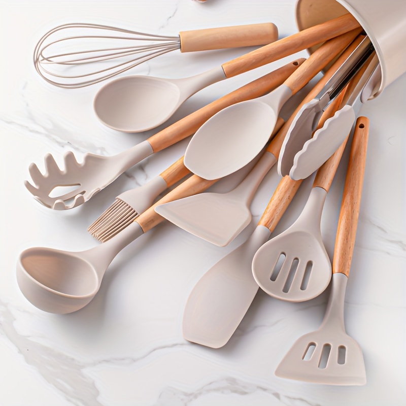 Juego de cucharas de cocina de silicona juego de utensilios de cocina mango  de madera herramientas de espátula accesorio de cocina 12 piezas Inevent  HA003760-00B