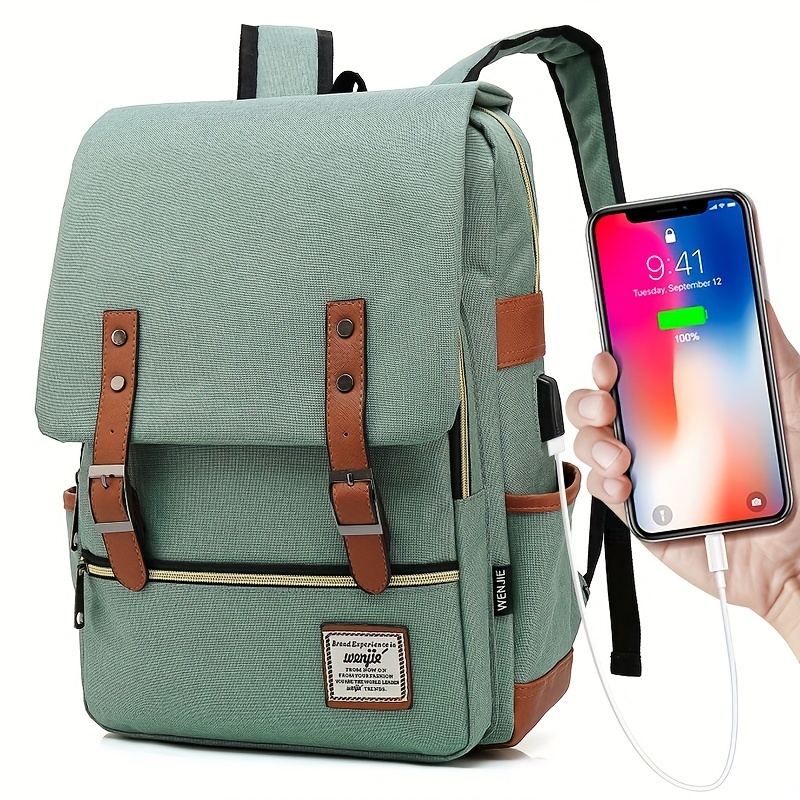 1pc Vintage Laptop Backpack With Usb Charging Port Slim Tear Resistant