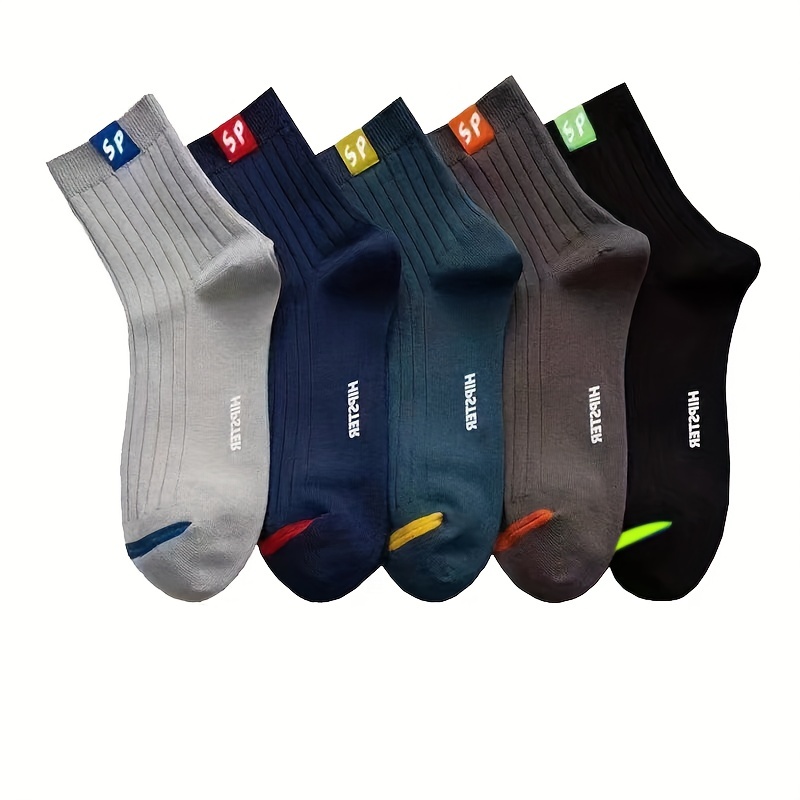 TEMU 5 Pairs Of Men's Sweat-absorbing And Breathable Mid-calf Sports Socks, Spring And Autumn Business Versatile Trendy Socks, Sp Style Mid-calf 5 Pairs Pack