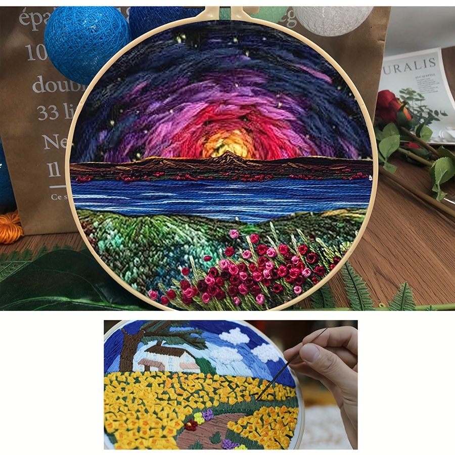 Diy Color Landscape Embroidery Kit Starter Embroidery - Temu