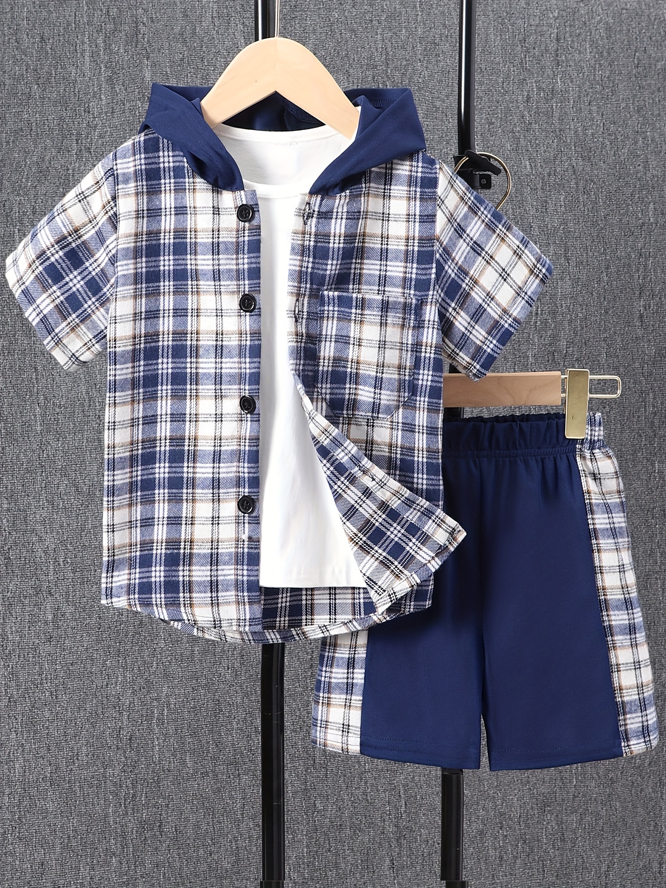Boys Plaid Outfit Short Sleeves Button Down Hooded Shirt & Shorts