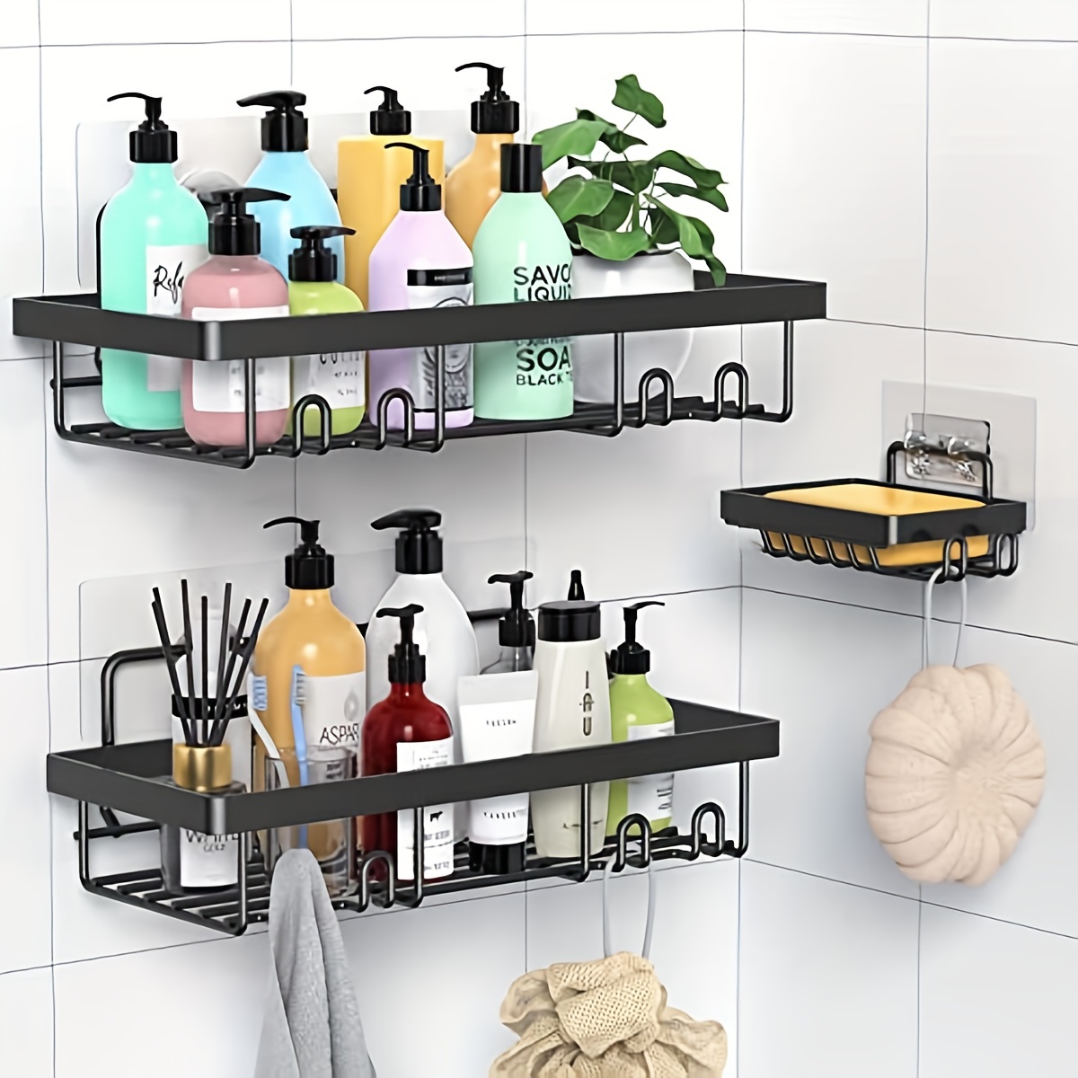 KINCMAX Shower Caddy Basket Shelf - Hanging Adhesive Drill-Free Kitchen or  Bathroom Organiser - Black Floating Bath Tray Storage Shelves for Inside