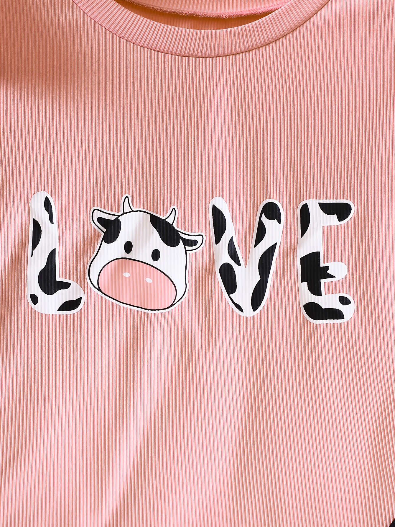 2pcs Love Cow Graphic Pullover + Cow Print Flare Pants Set Girls Spring  Fall Gift
