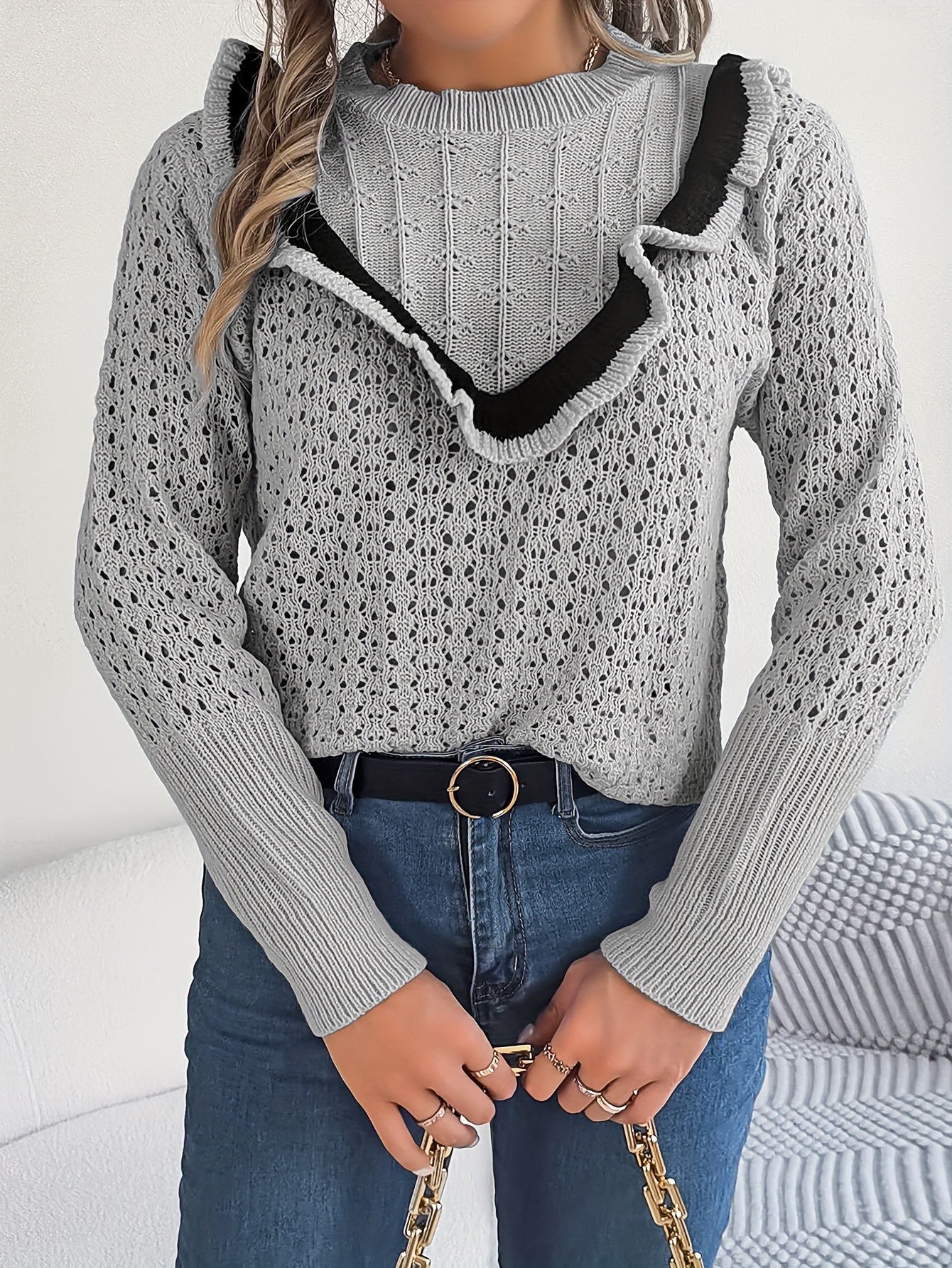 Frill-trimmed pointelle-knit jumper