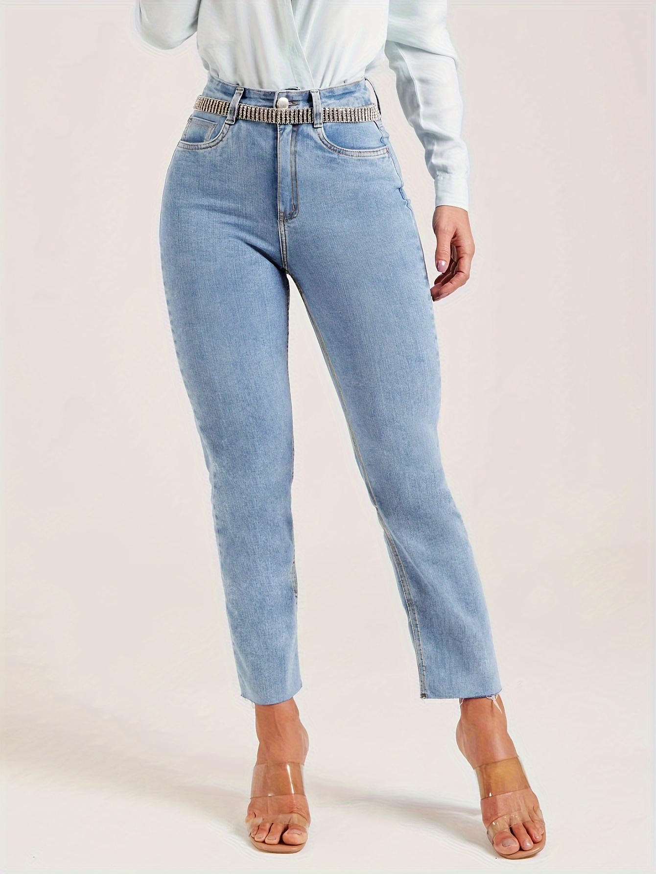 Blue High Waist Cropped Denim Jeans, Loose Fit Straight Legs Washed Baggy  Jeans, Women's Denim Jeans & Clothing