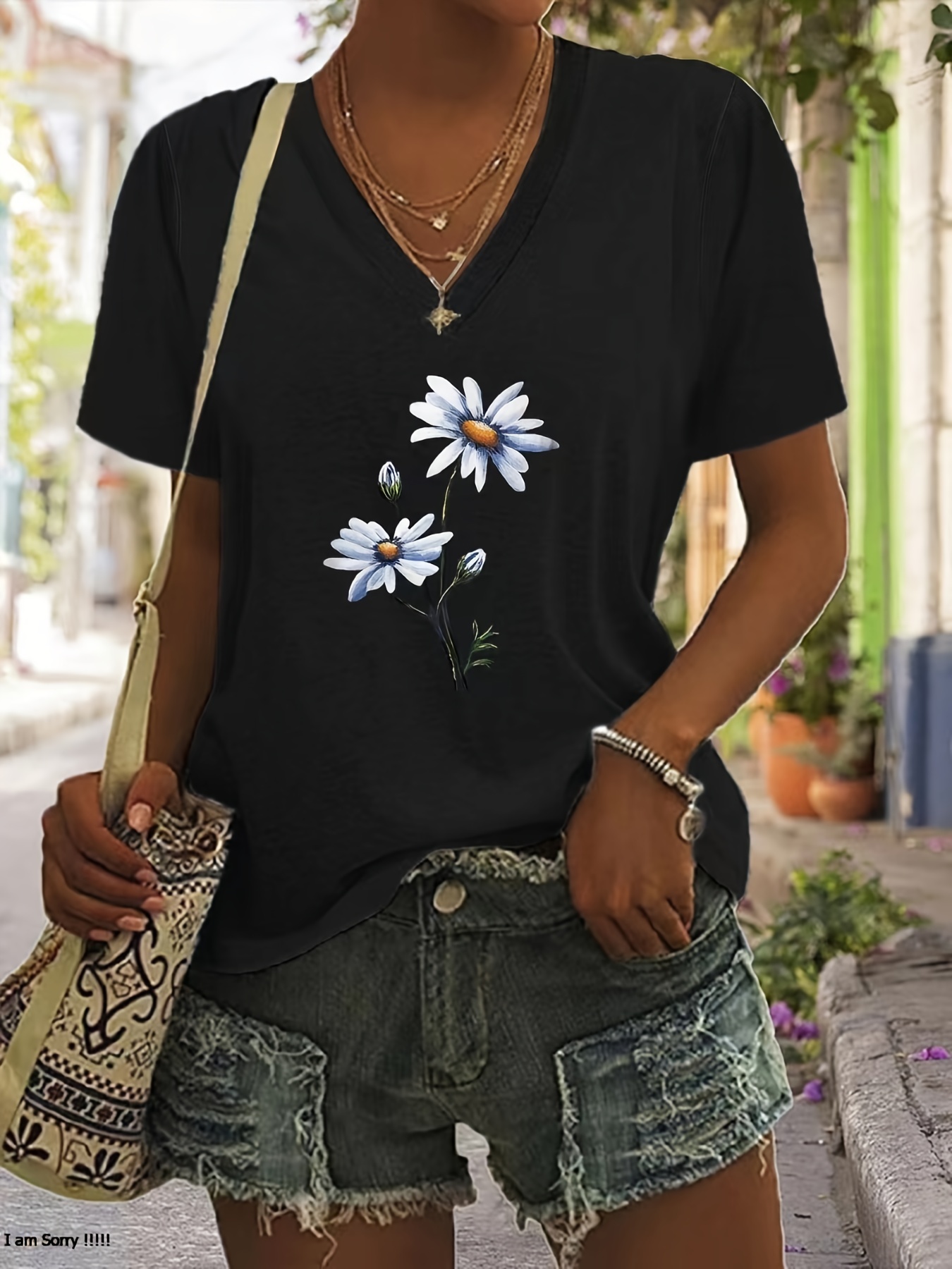 floral print v neck t shirt casual short sleeve t shirt for summer womens clothing black 0