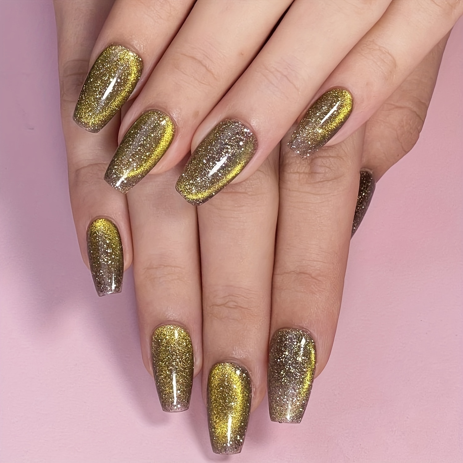 Yellow Glitter Fake Nails Long Coffin Press On Nails With 3d - Temu United  Arab Emirates