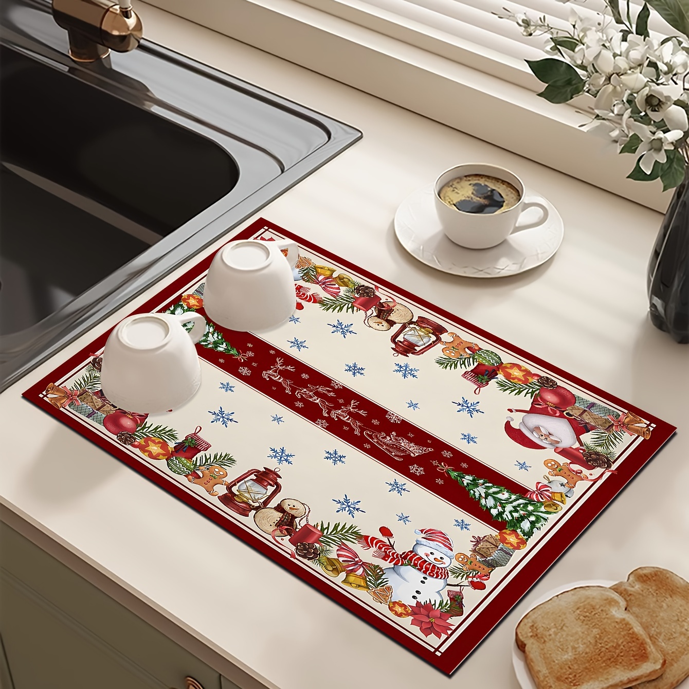 1 pc Christmas bathroom countertop mat Wash cartoon mat Kitchen countertop  drain mat wash sink absorbent mat