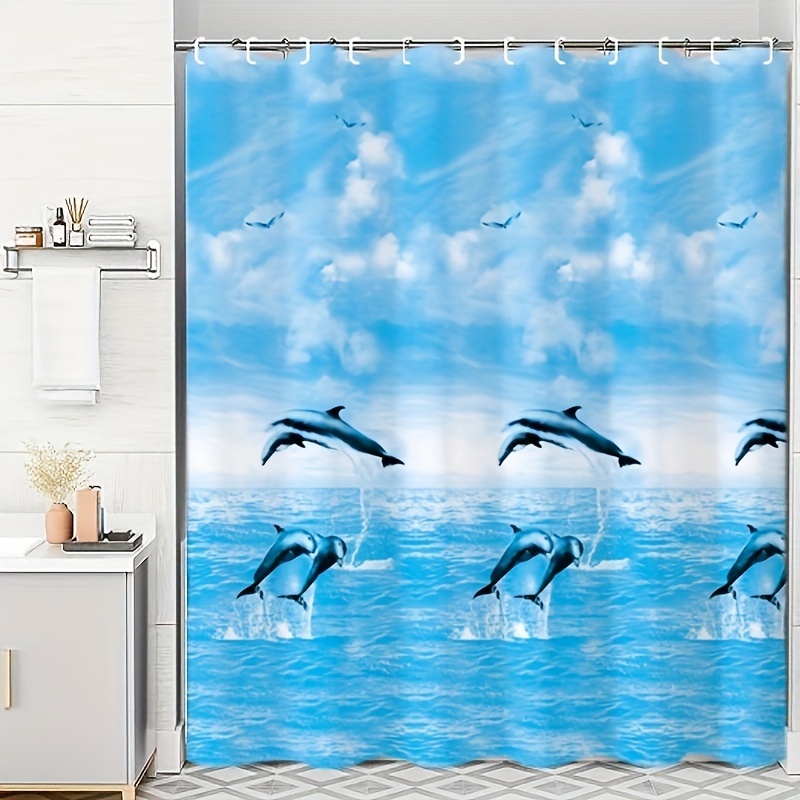 Shower Curtain Ocean Whale Printed Hooks Peva Waterproof - Temu