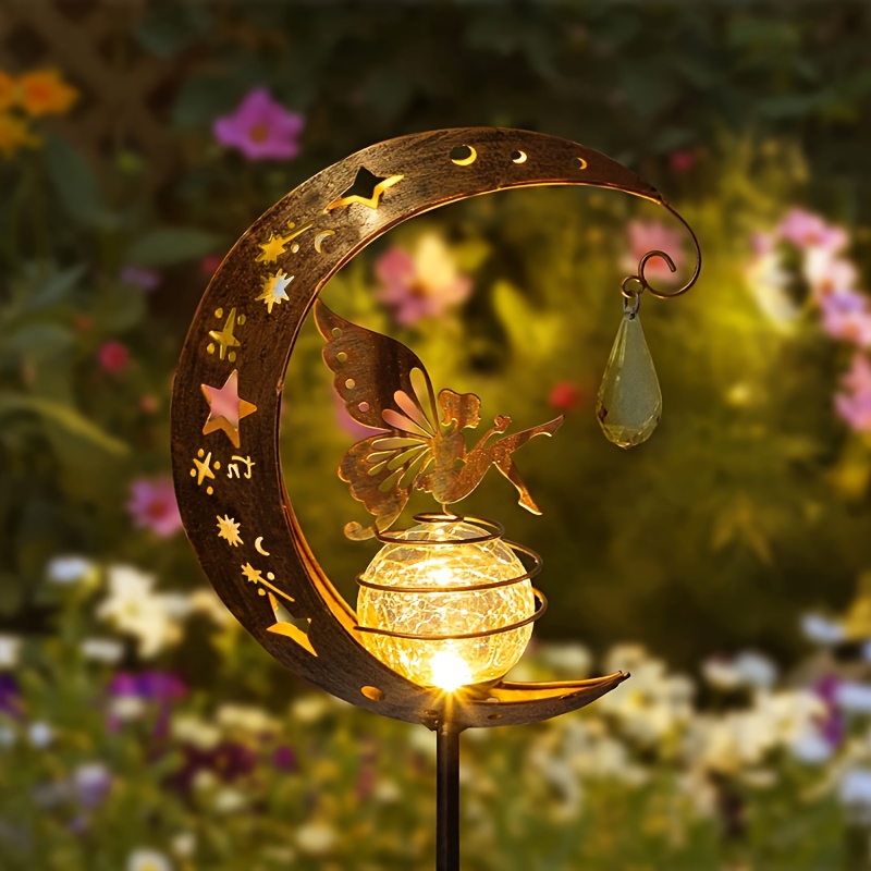 

1pc Fairy Solar Stake Lights Moon Backyard Decor Yard Art Decorations Outdoor, Garden Gifts Decor For Outside Lawn Ornaments Crackle Glass Globe Patio Landscape Pathway