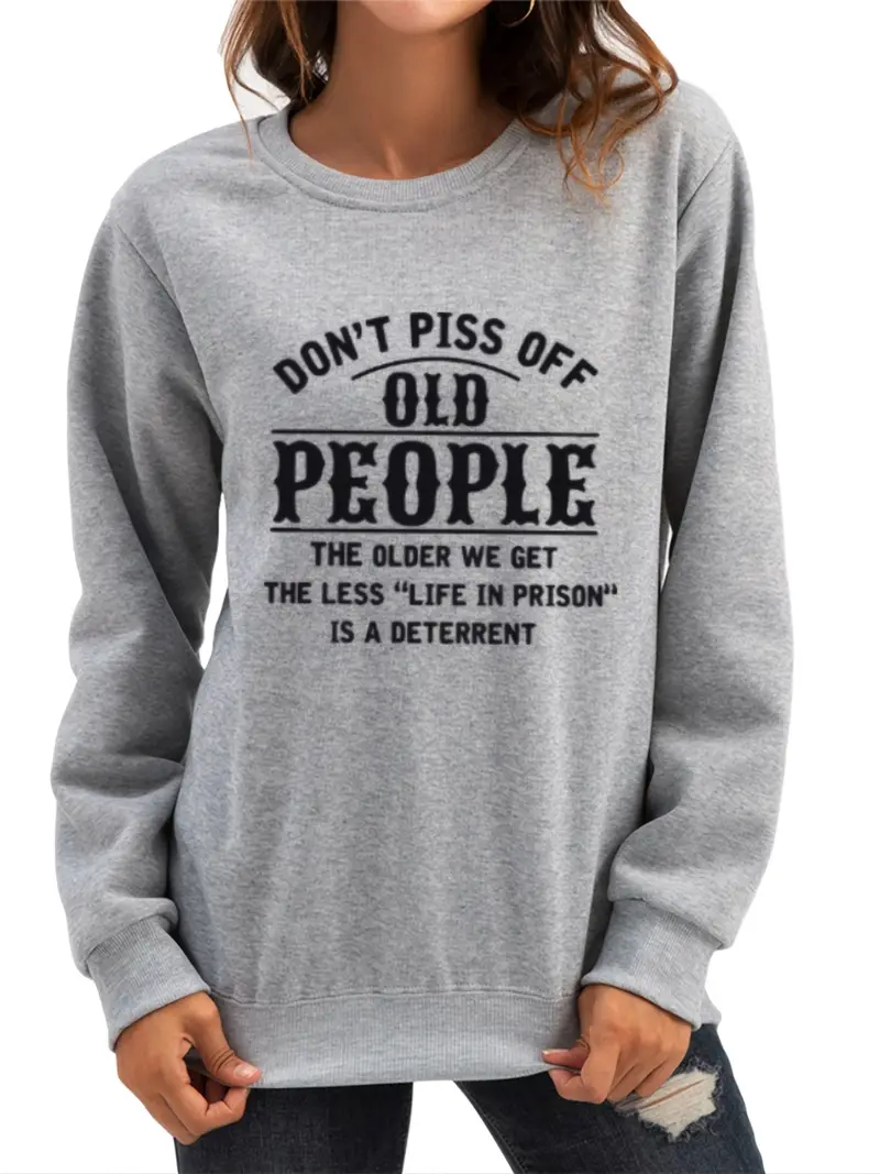 Old People Letter Print Pullover, Long Sleeve Casual Sweatshirt For ...