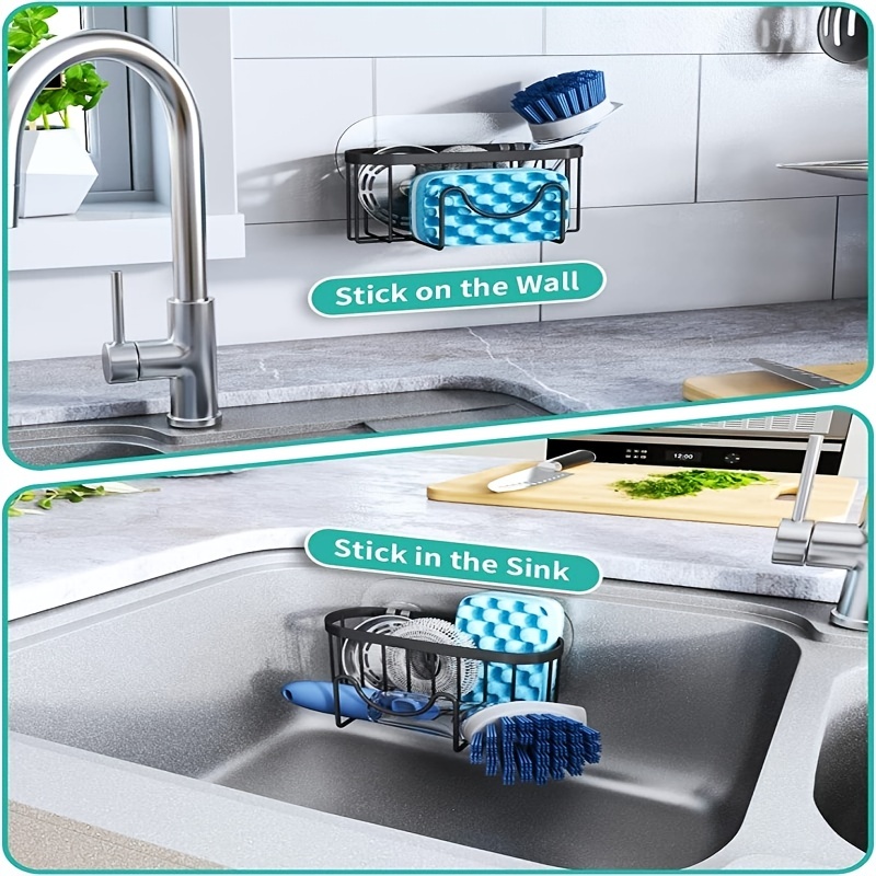 Multifunctional Sponge Holder for Kitchen Sink with Unique M-Shaped, Two  Installation Methods Sink Caddy, Stainless Steel Sink Organizer for Sponge,  Brush, Sink Stopper and Scraper -Gold