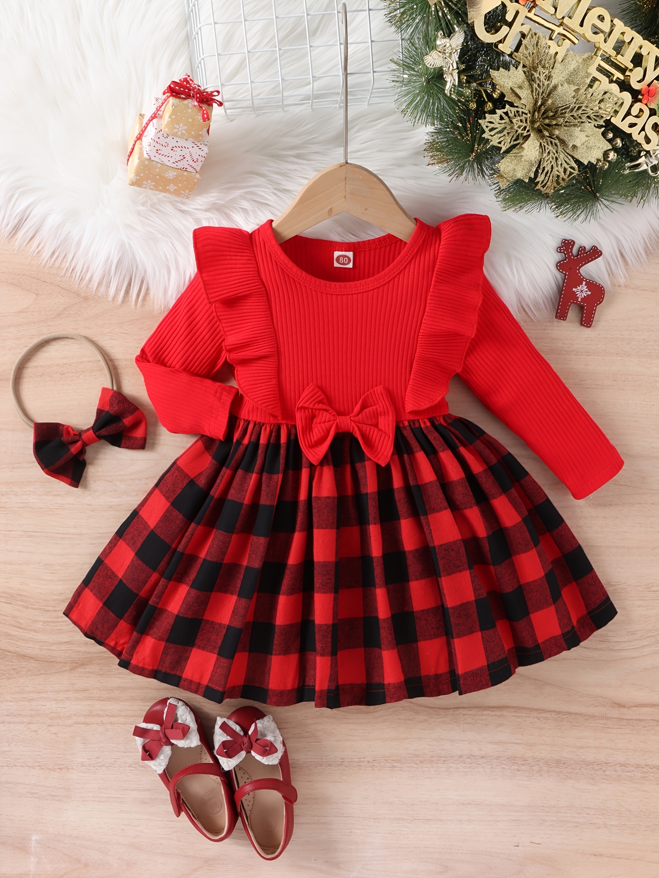Toddler Girl Christmas Tree Deer Print Back Button Design Ruffle-sleeve Dress
