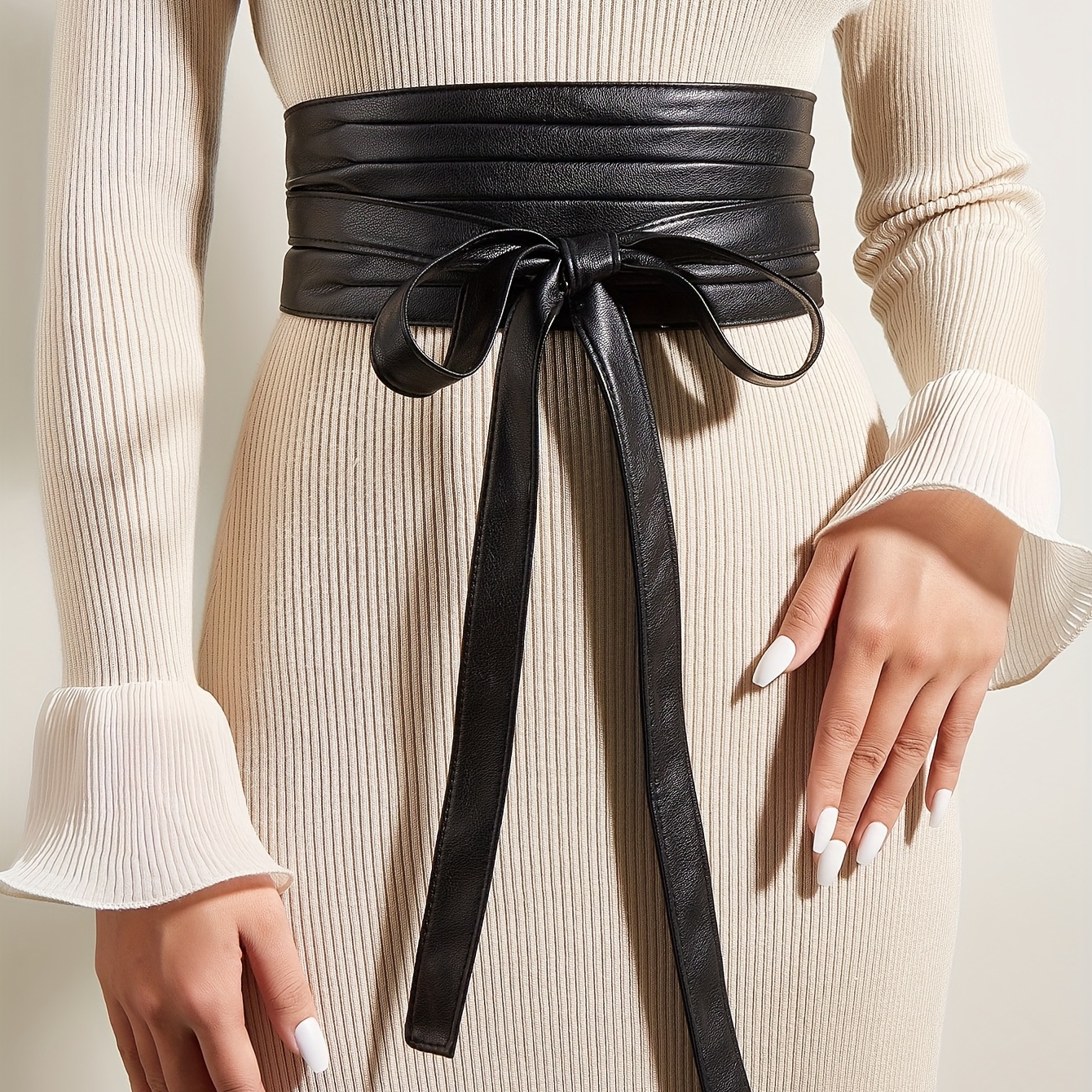 Elegant Bowknot Wide Belts Classic Solid Color Pu Obi Belt - Temu