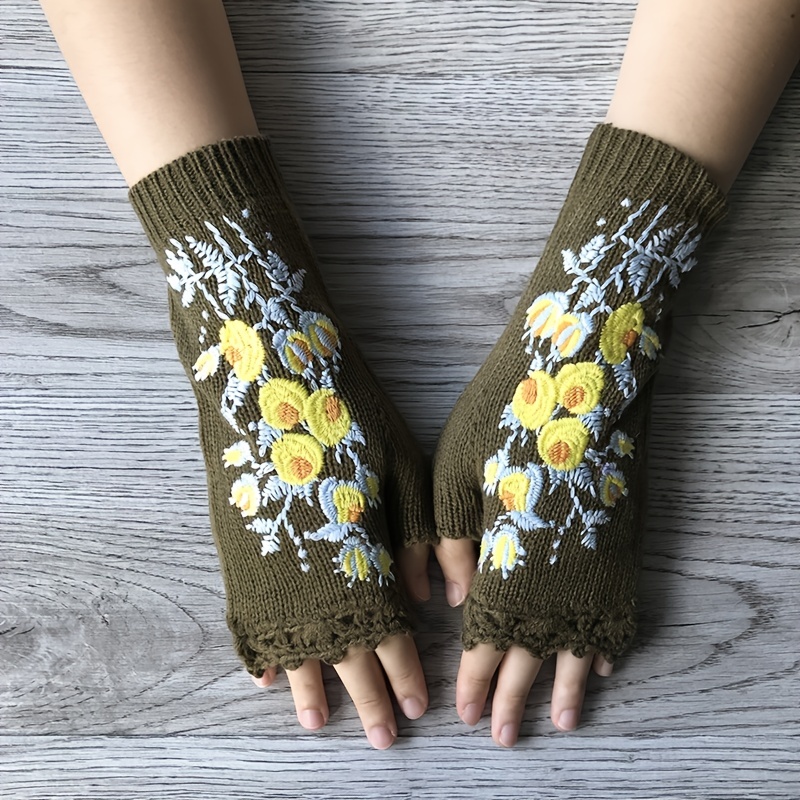 Handmade Flower Embroidered Gloves Women's Fingerless Knit Gloves Autumn  Winter Coldproof Writinggloves - Temu