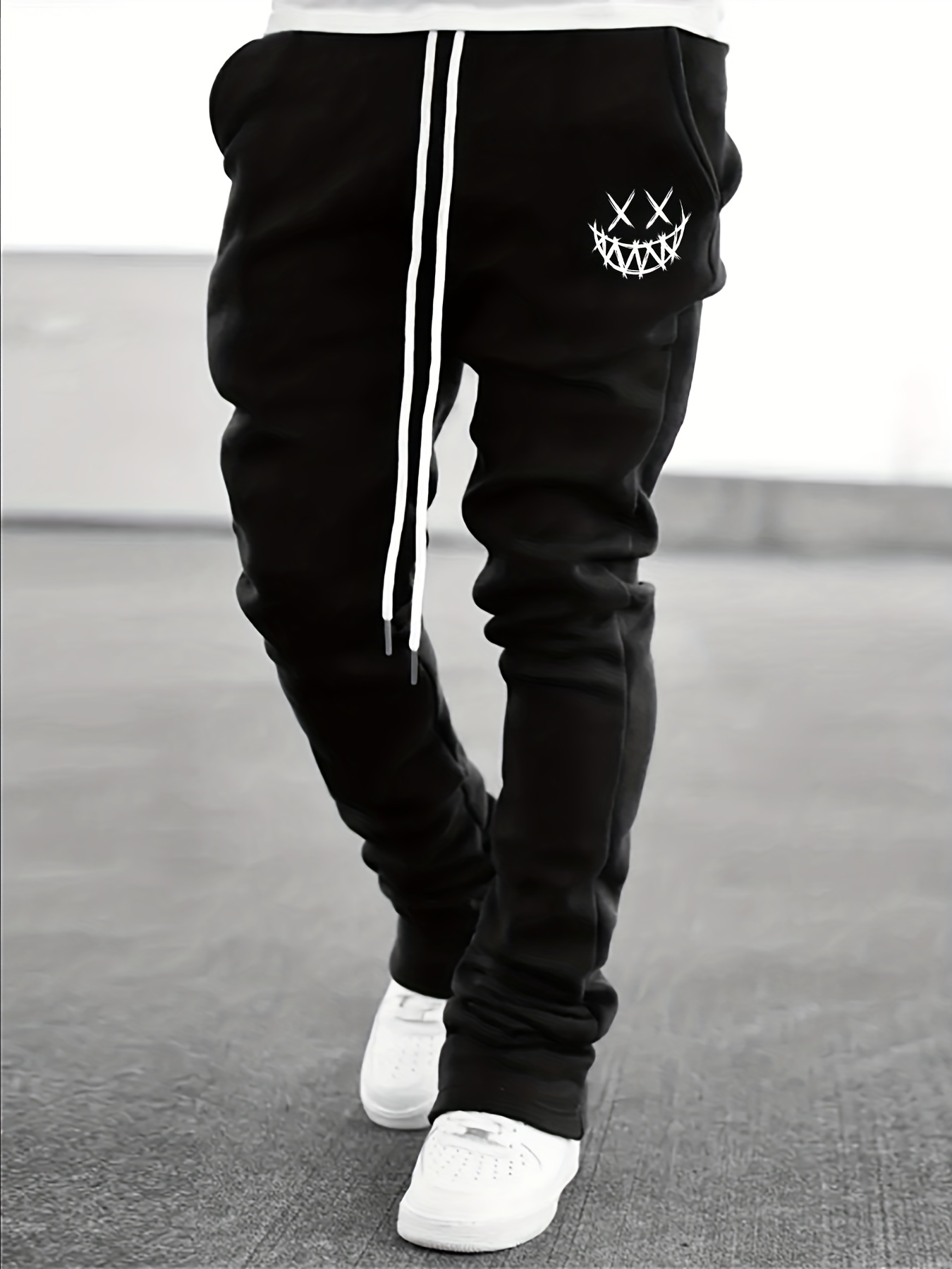 Smile Face Flare Pants Men Drawstring