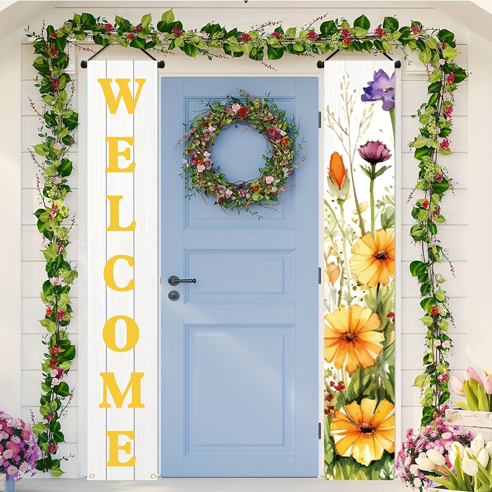 

2pcs, Welcome Spring Front Door Porch Signs, Polyester Nature Flower Plant Theme Patio Outdoor Indoor Party Decoration Hanging Banner 11.8x70.8 Inch