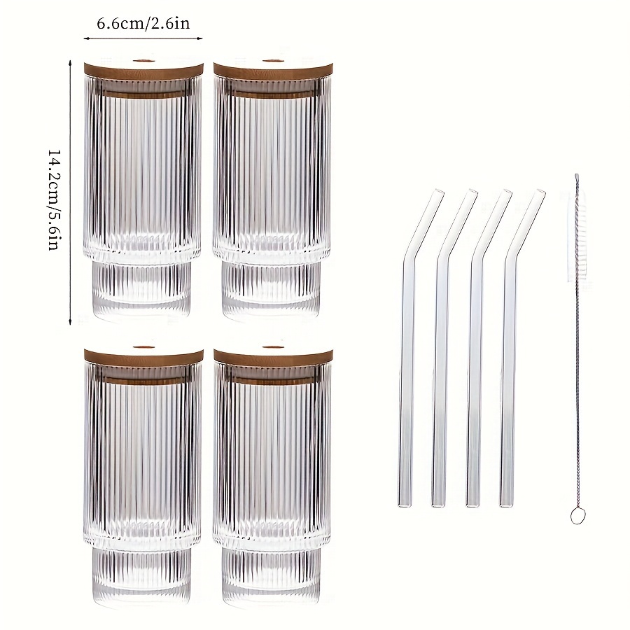  BOICHU Ribbed Glassware Set of 4, Ribbed Glass Cups with Lids  and Straws - Vintage Ribbed Drinking Glasses with Bamboo Lids, 11 OZ Cute  Fluted Glassware for Coffee, Cocktail, Smoothie, etc 