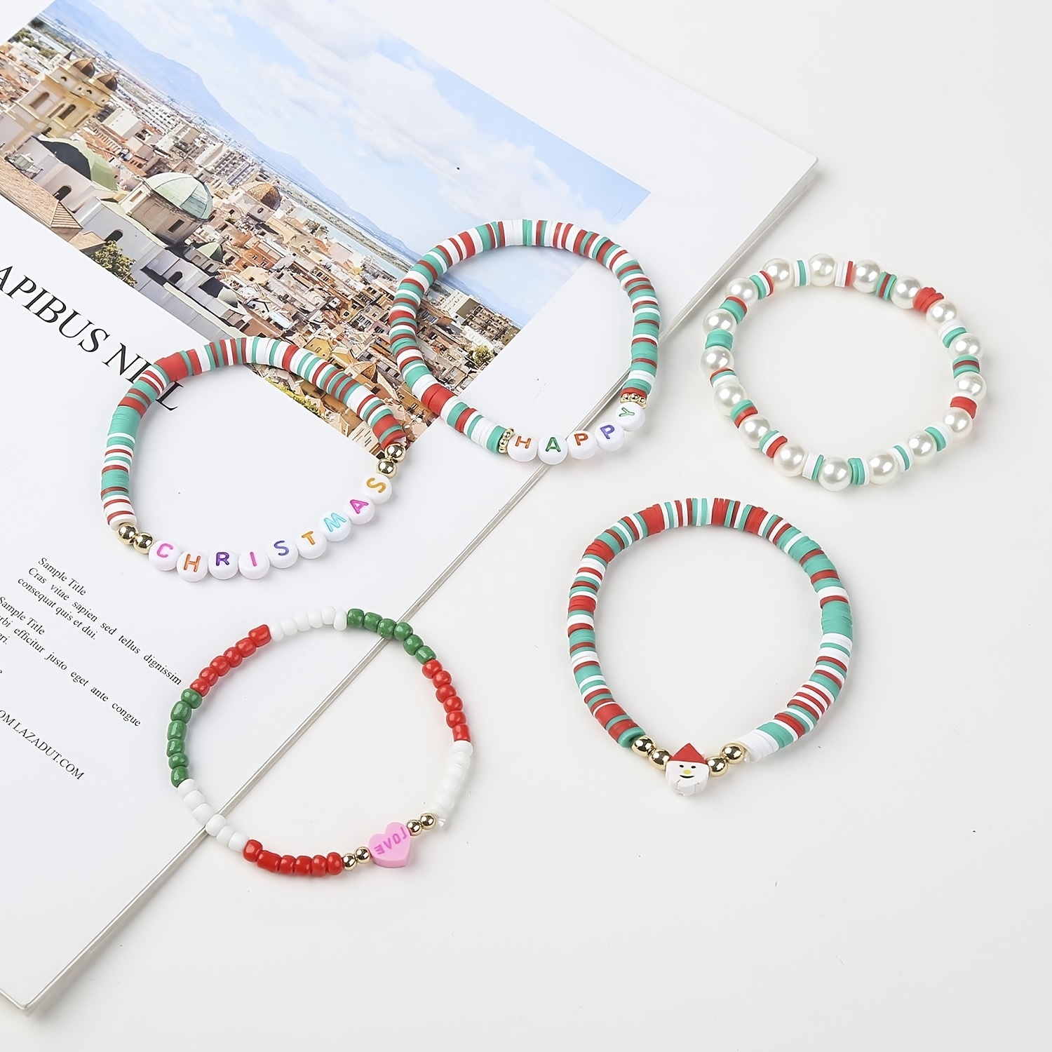 5pcs Reindeer Pendant Beaded Bracelet Set with Colorful Soft Clay Beads Stackable Hand String,Temu