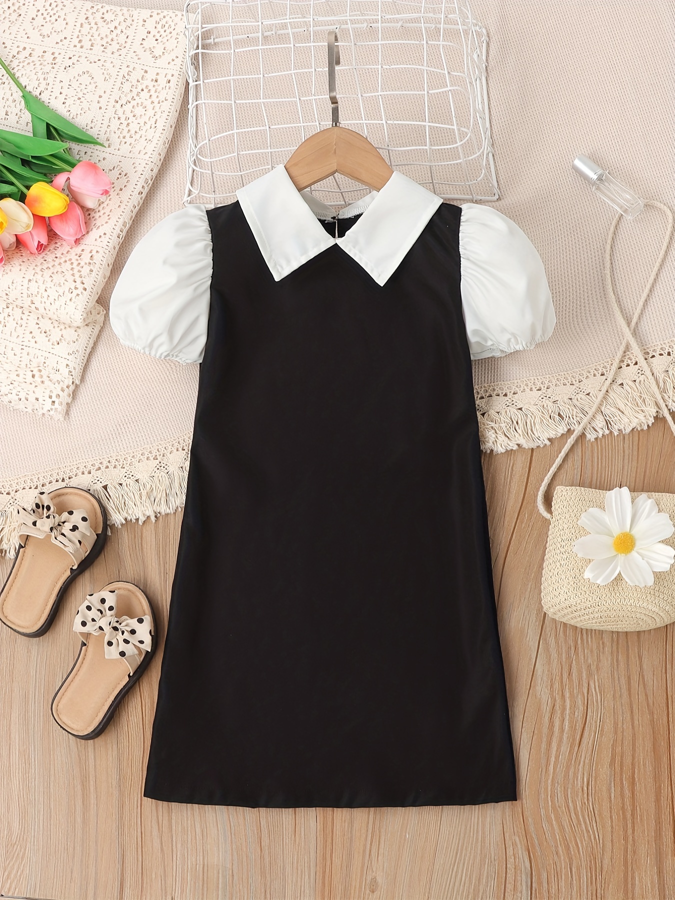 Girls Contrasting Color Collar Puff Sleeves A line - Temu