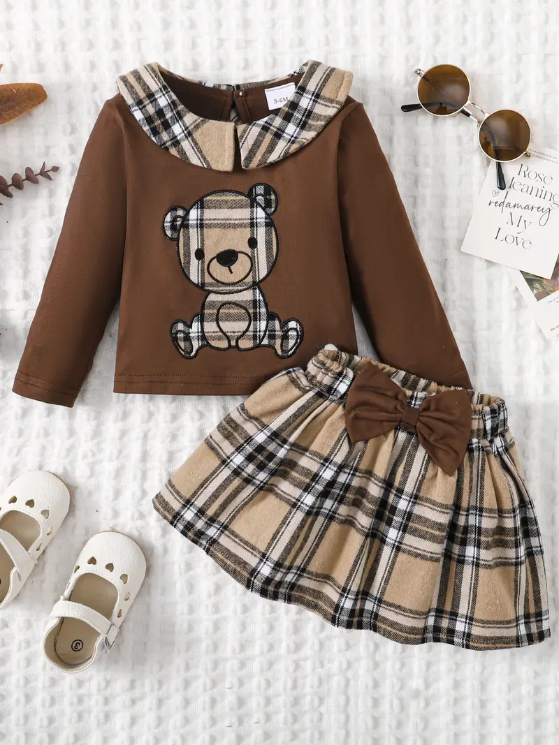 Baby Girls Long Sleeve Skirt Set Lapel Cute Embroidered Bear Top Plaid Pleated Skirt Set For Spring And Autumn Party details 0