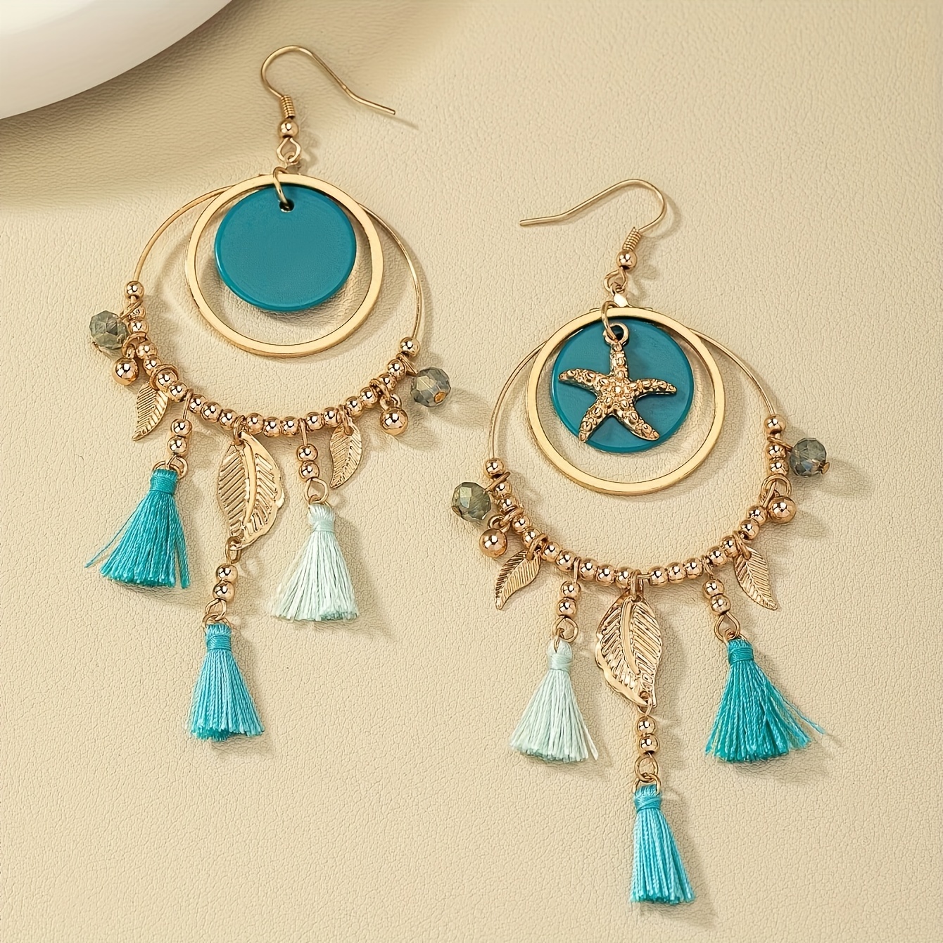 Bohemian Vocation Dangle Earrings with Leaf Tassel Pendant Starfish Shell Decor
