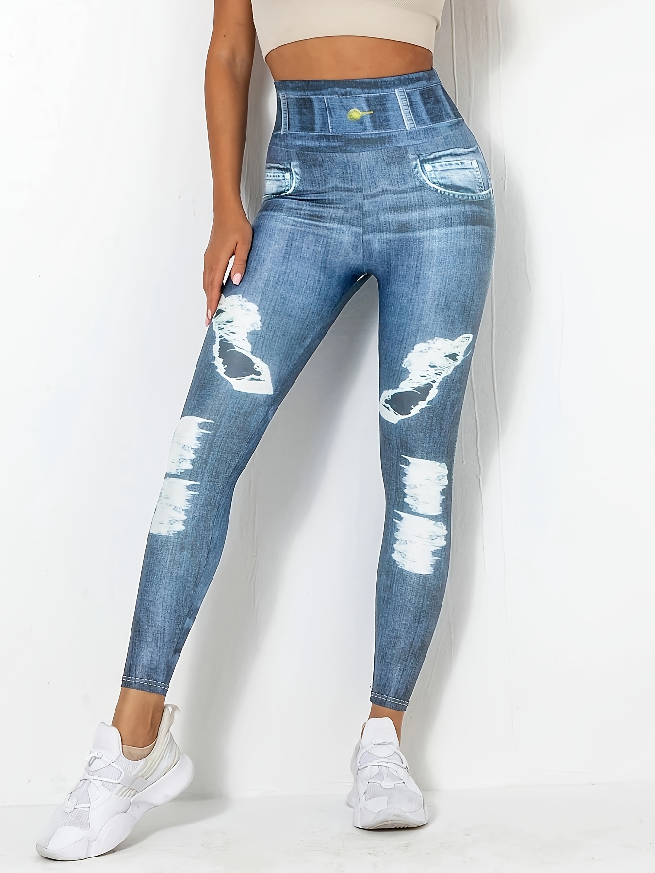KMystic Women's Denim Print Fake Jeans Leggings (Knee Ripped) in