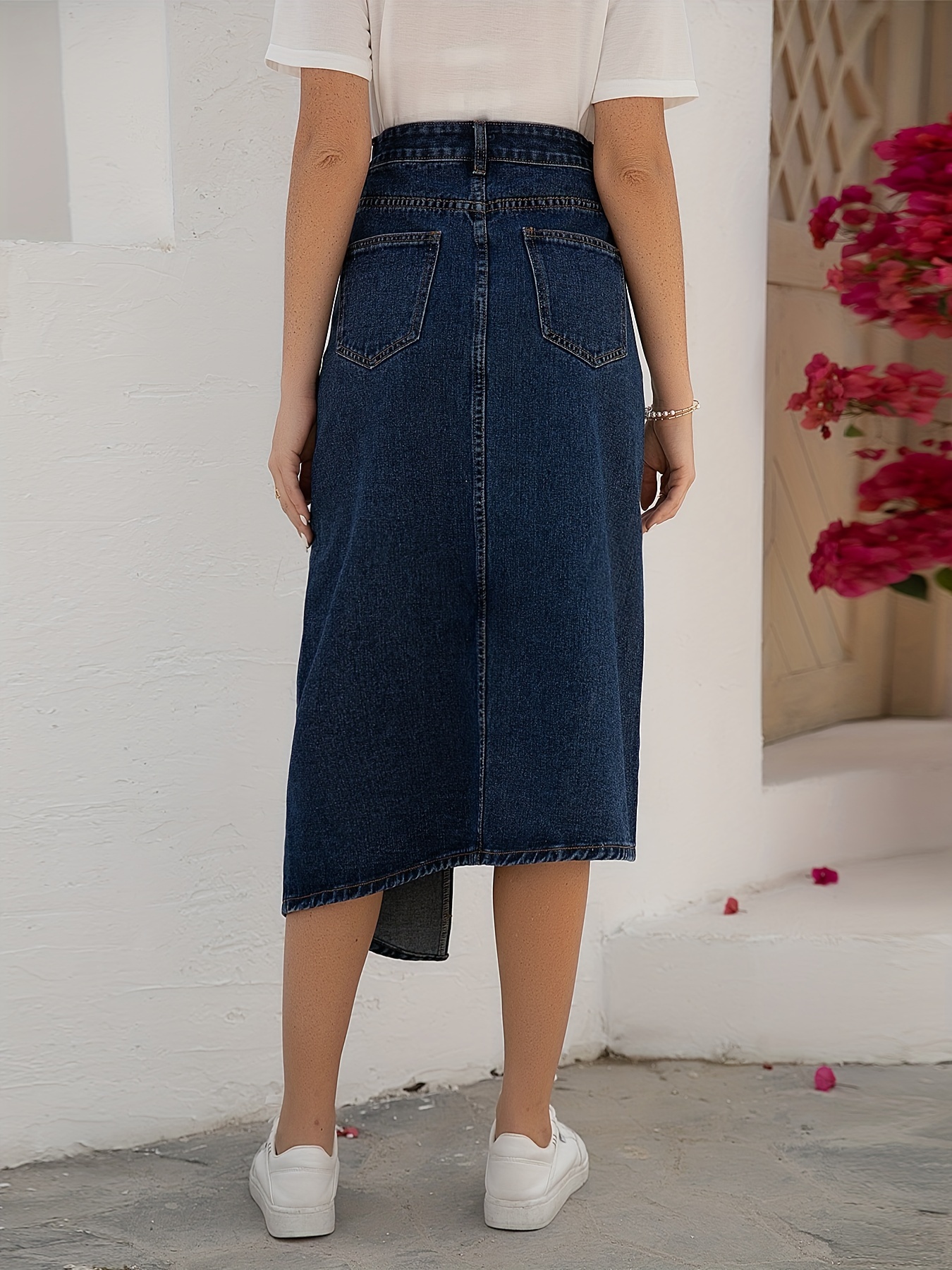 Split Front Deep Blue Slash Pocket Denim Skirt Causal Washed - Temu Canada