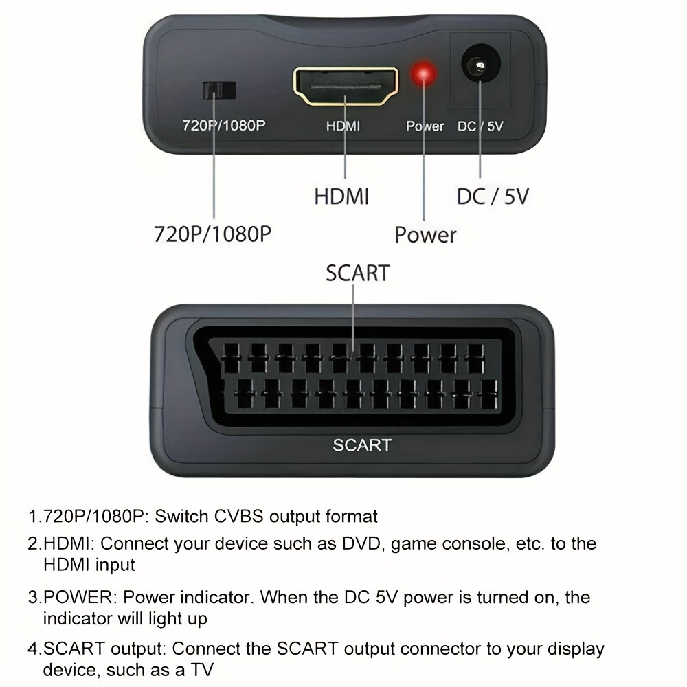 Kiyicjk Convertidor SCART a HDMI, euroconector a hdmi convertidor de Audio  y Video 720P / 1080P con Cable HDMI y Adaptador USB para HDTV, DVD BLU-Ray,  Monitor, proyector, STB, VHS, PS1/PS2 