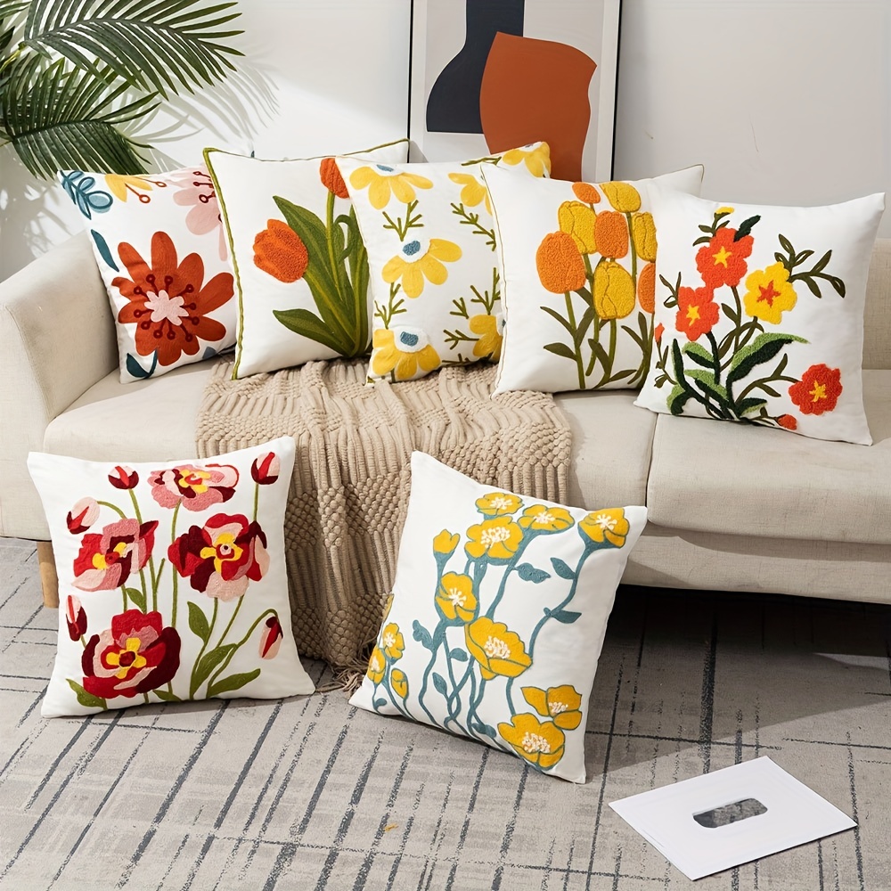 Boho Floral Embroidered Pillow Case Soft Stylish Living Room - Temu